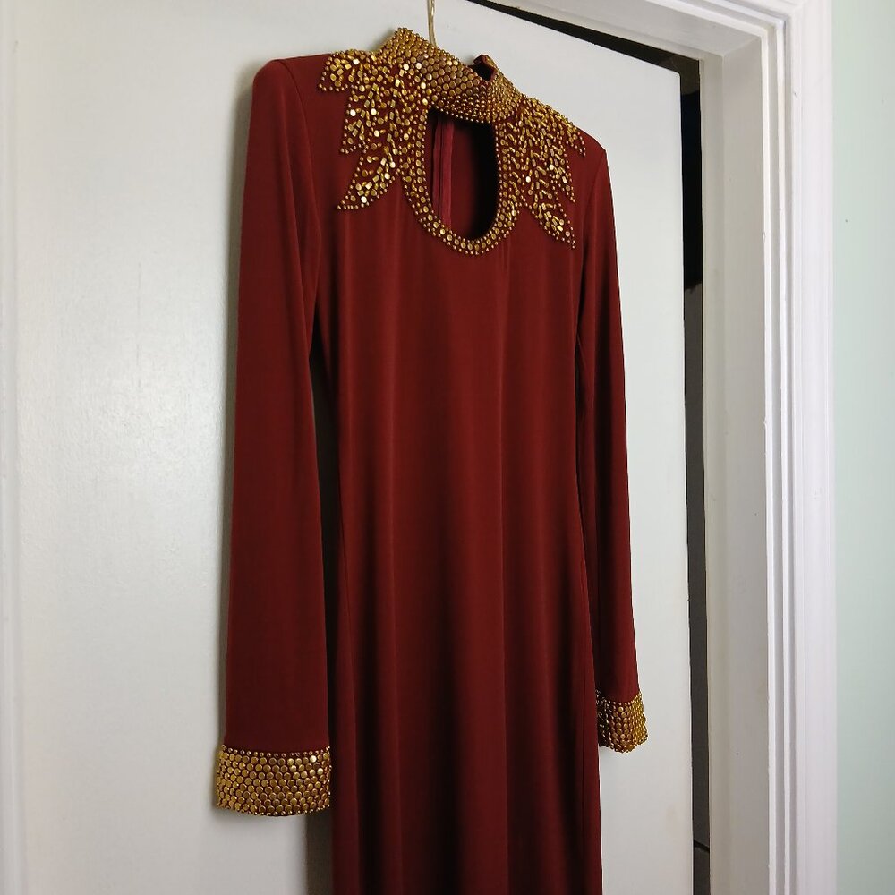 Elegant Burgundy Gold Studded High Neck Bodycon Midi Dress Sz M - Picture 3 of 14